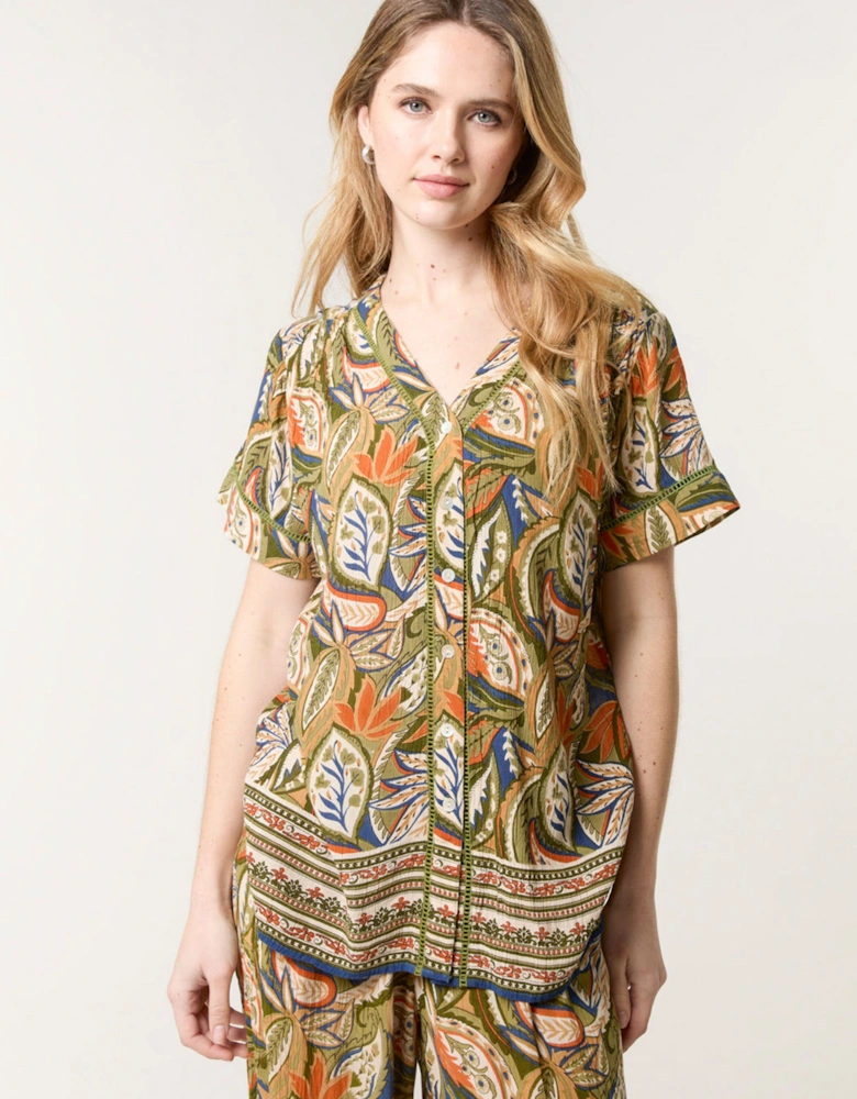 Green Border Print Button Front Top
