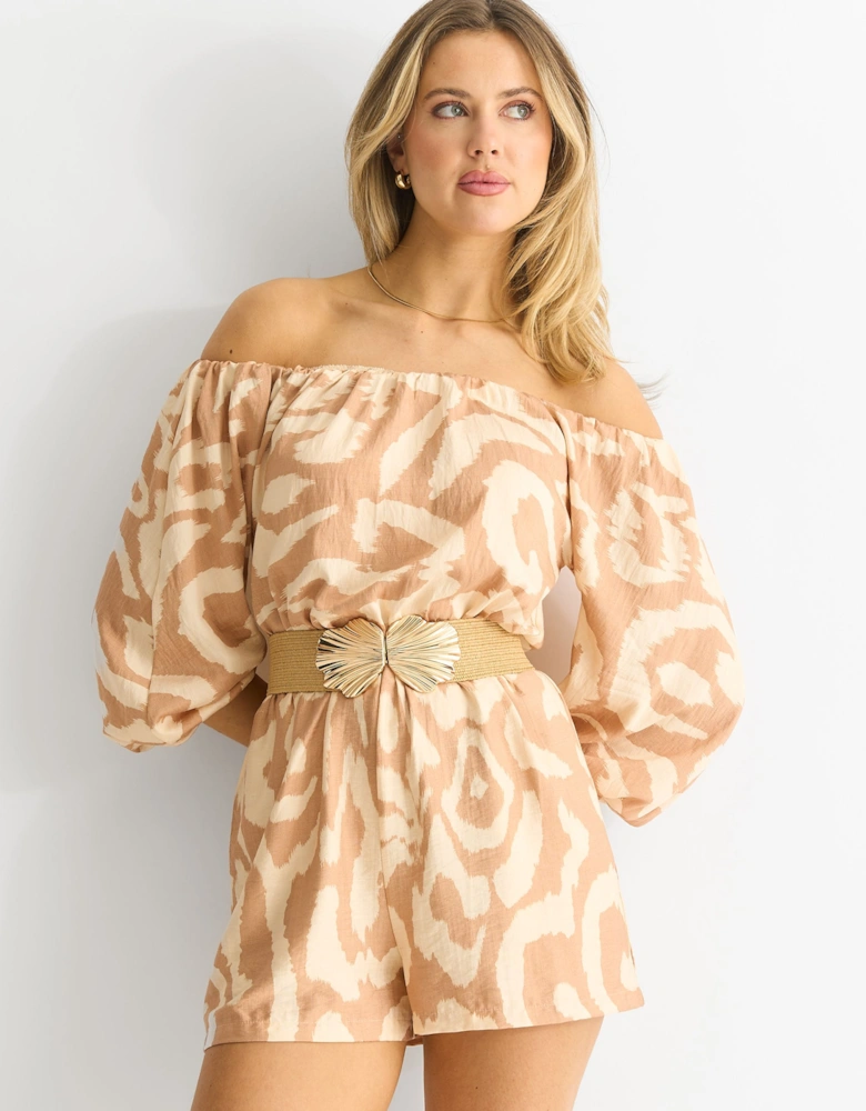 Beige Abstract Belted Bardot Viscose Playsuit