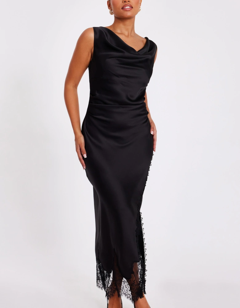 Black Petite Satin Lace Trim Midaxi Dress