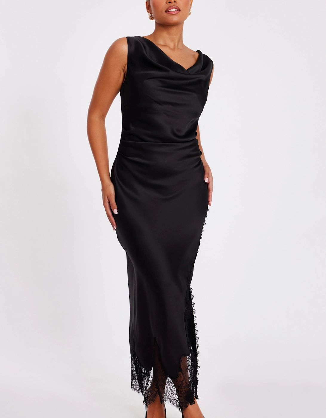 Black Petite Satin Lace Trim Midaxi Dress, 2 of 1