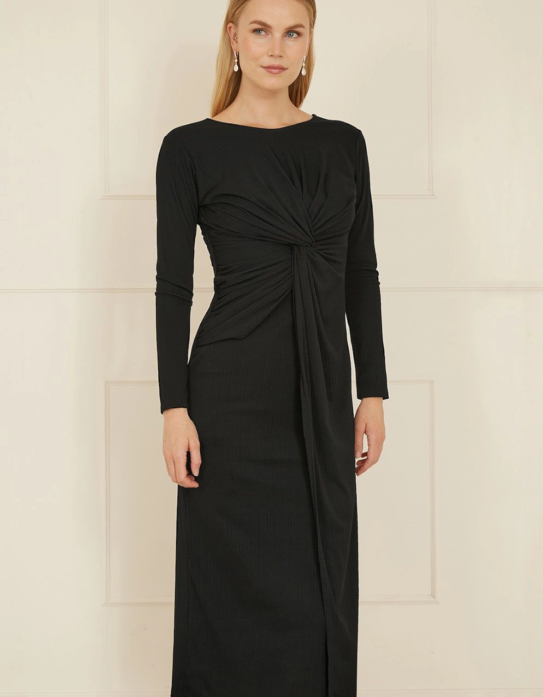 Black Midi Fitted Stretch Dress With Knot Detail, 2 of 1