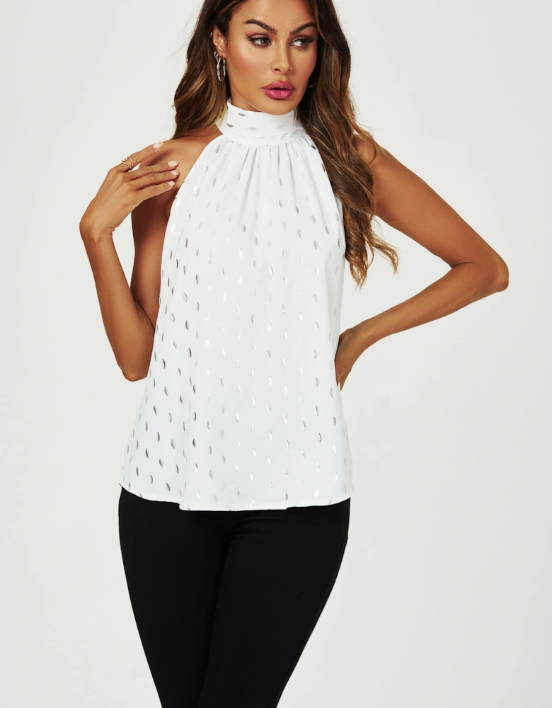 Silver Foil Halter Neck Tie Back Top In White