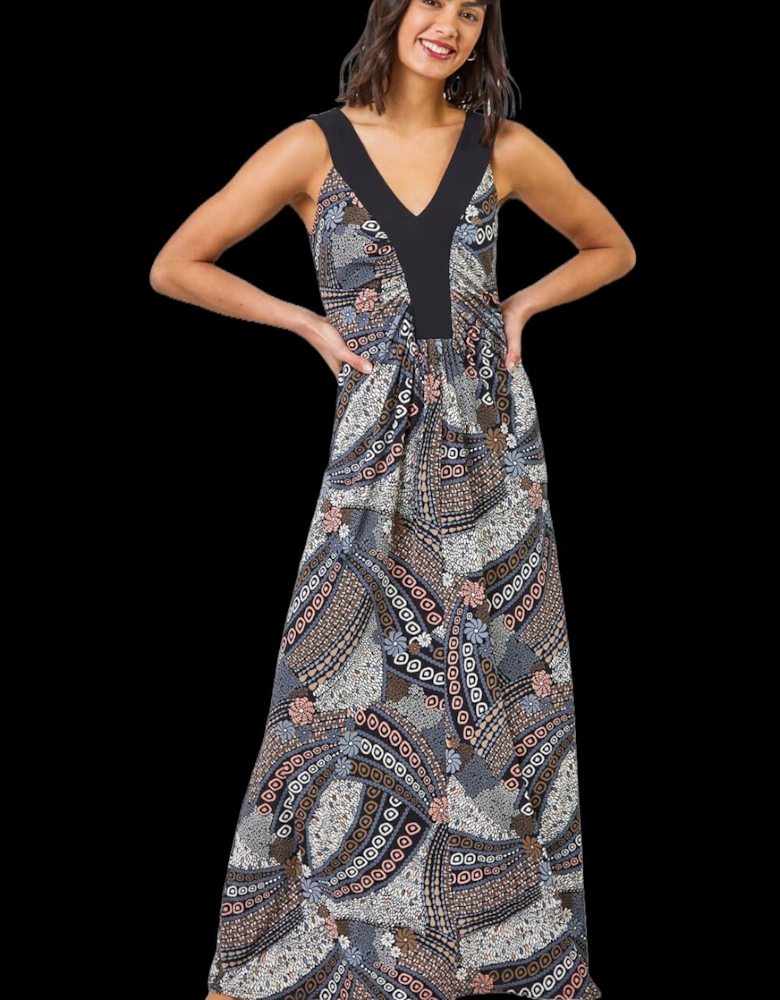 Geo Print Contrast Band Maxi Dress