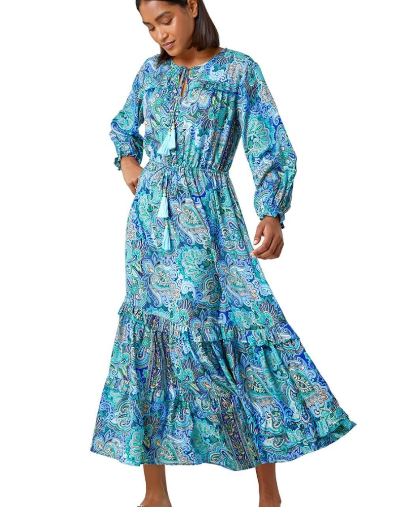 Paisley Print Tassel Frill Hem Maxi Dress