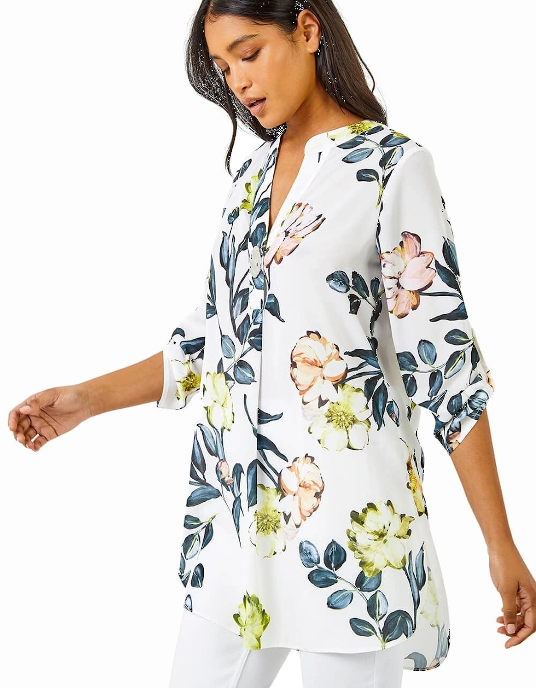 V-Neck Longline Button Detail Floral Tunic Top, 2 of 1