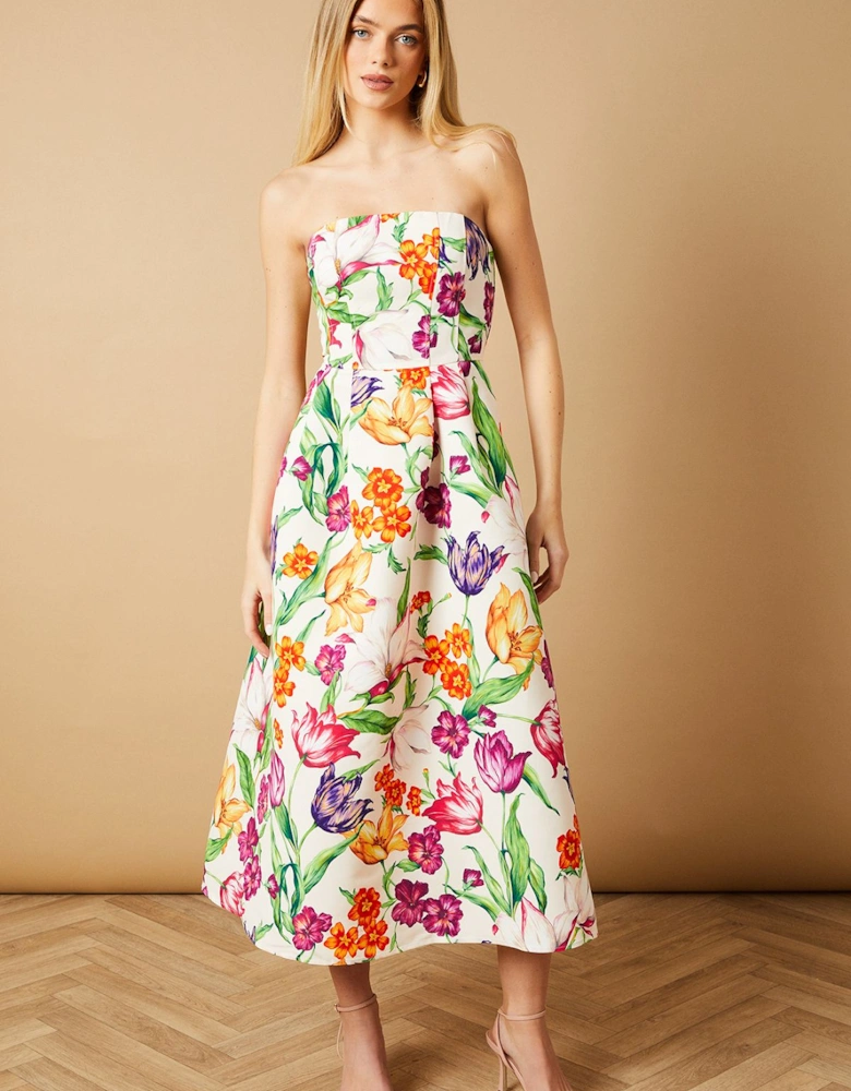 Occasion Floral Twill Strapless Midi Dress