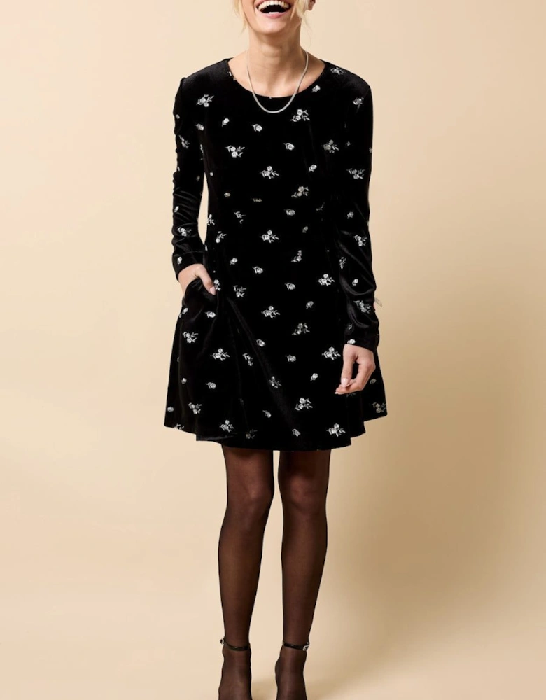 Black Velvet Embroidered Mini Dress