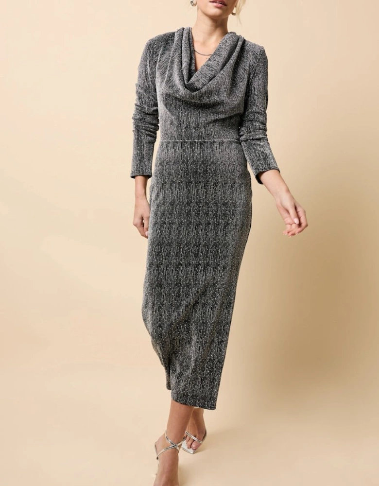 Black and Silver Cowl Neck Midaxi Dress