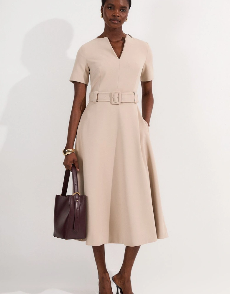 Compact Stretch Belted Full Skirted Midi Dress