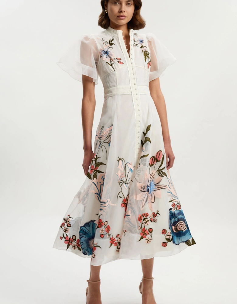 Botanical Embroidery Organdie Angel Sleeve Midi Dress