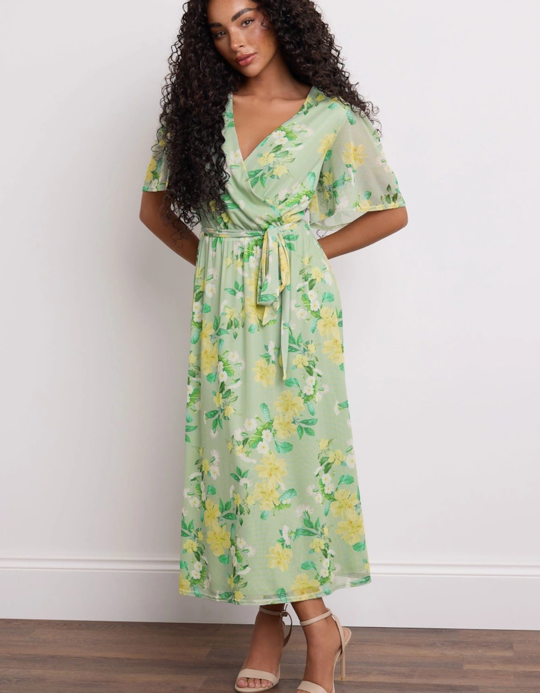 Petite Mesh Floral Wrap Dress