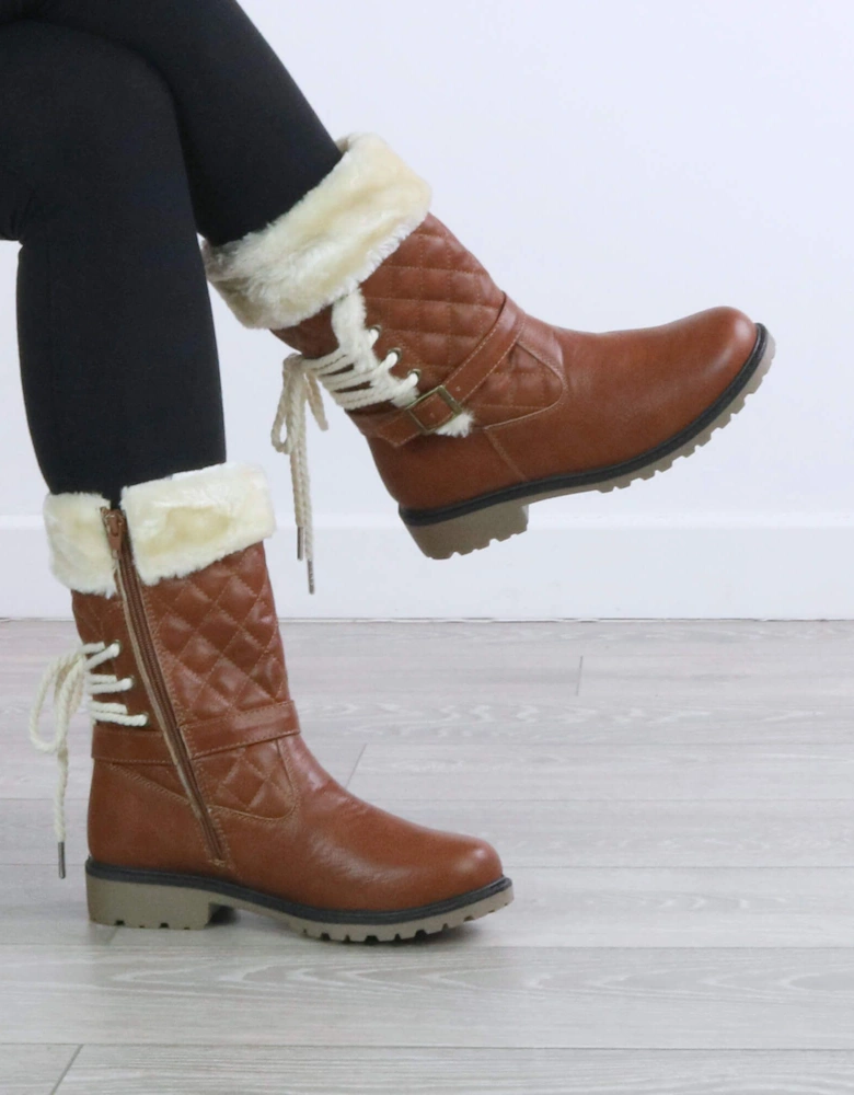 Low  Heel Faux Fur Lined Winter Mid  Calf Boots