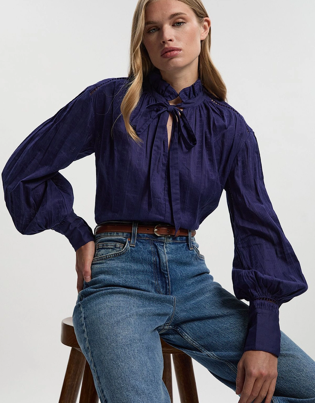 Cotton With Lace Trim Insert High Neck Puff Sleeve Blouse, 2 of 1