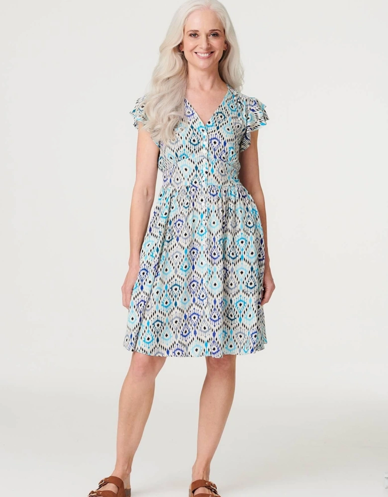 Printed Frill Sleeve Short Dress