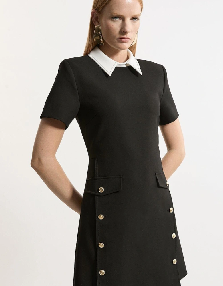 Compact Stretch Tailored Collared Button Detail Mini Dress