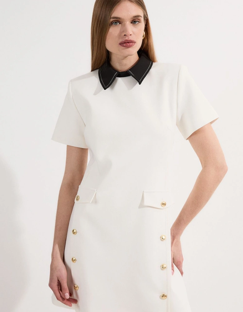 Compact Stretch Tailored Collared Button Detail Mini Dress