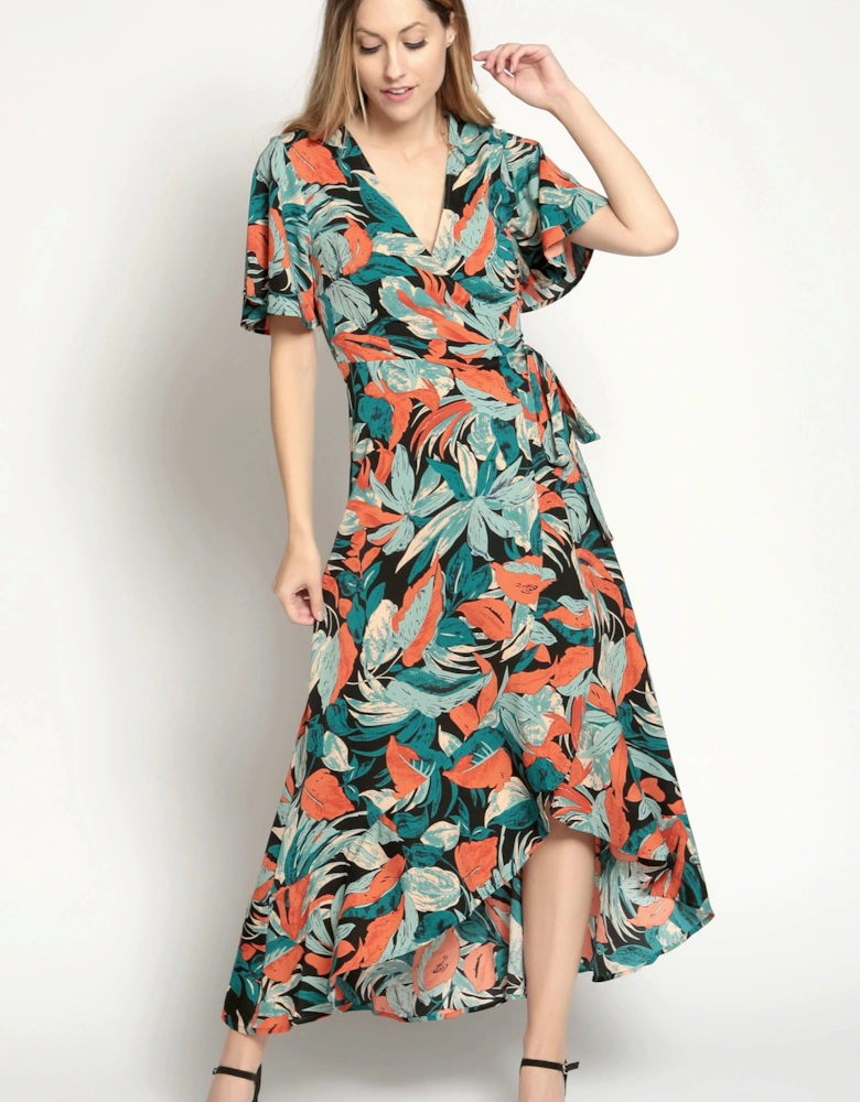 Leaf Print Ruffle Wrap Dress