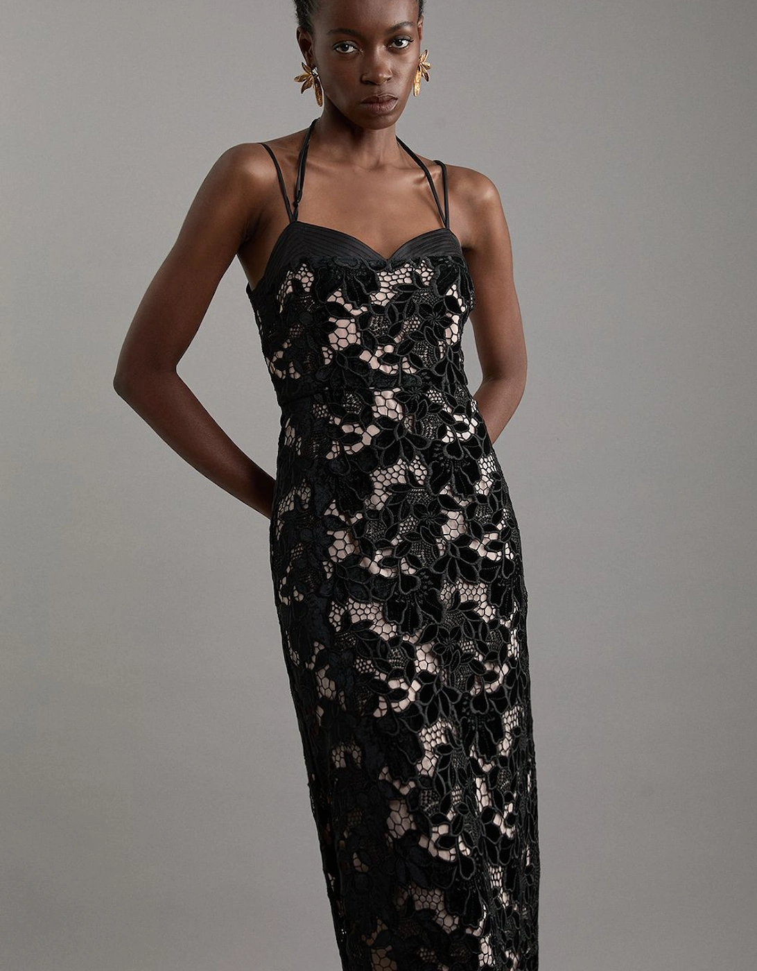 Petite Velvet Cutwork Lace Detail Strappy Midi Dress, 2 of 1