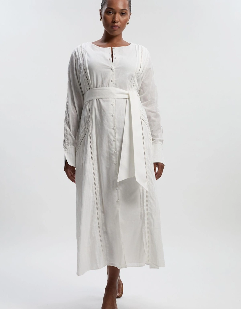 Plus Size Cotton With Lace Trim Insert Woven Long Sleeve Midi Dress
