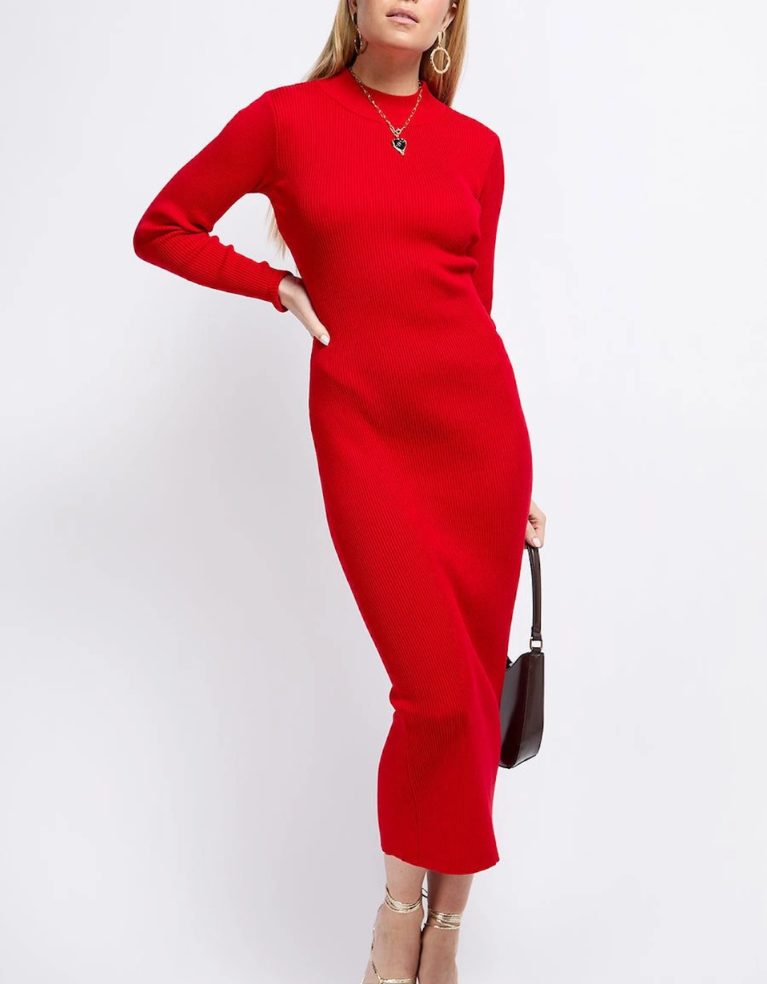 Red Rib Knit Midaxi Bodycon Dress, 2 of 1