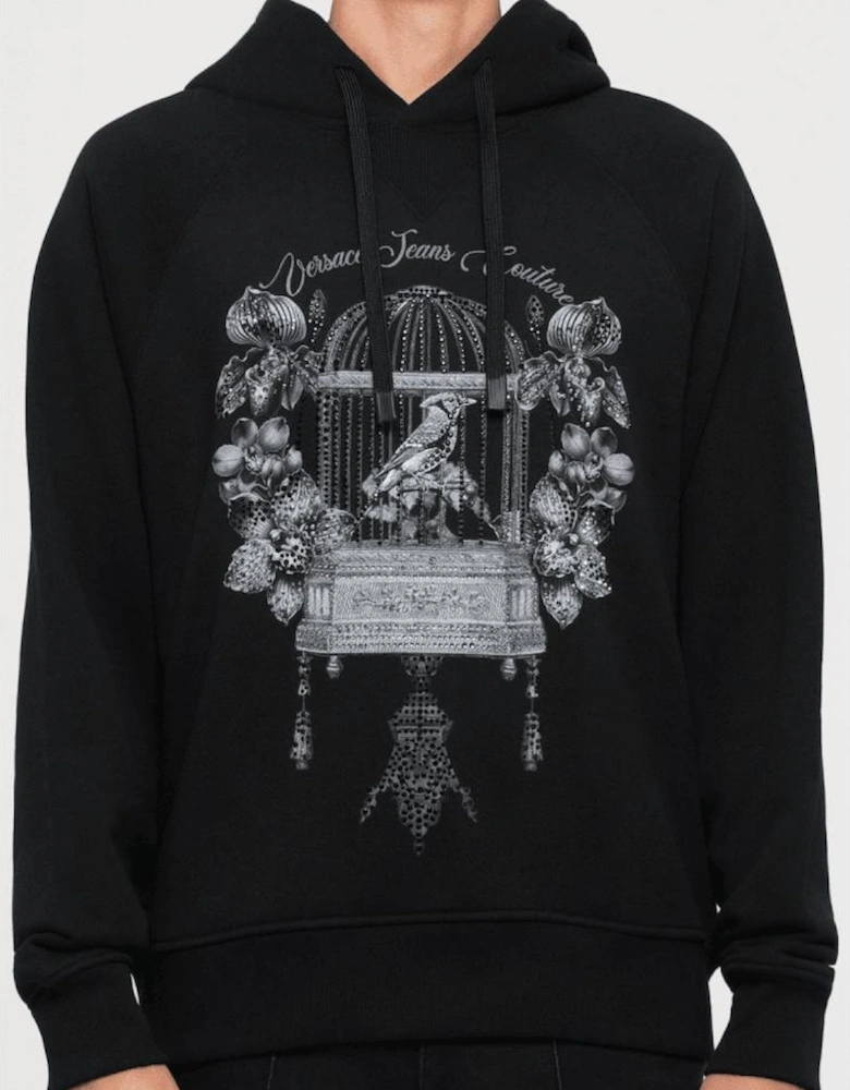 Loose Fit Studded Bird Logo Black Hoodie