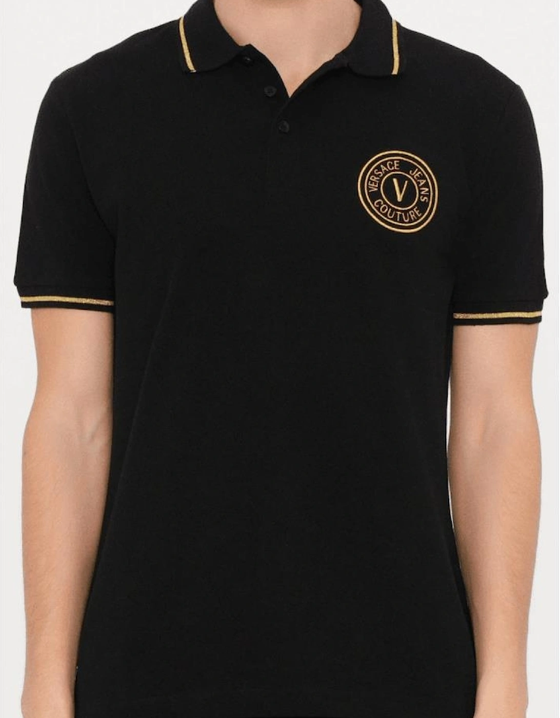 Cotton Embroidered V-Emblem Logo Black/Gold Polo Shirt