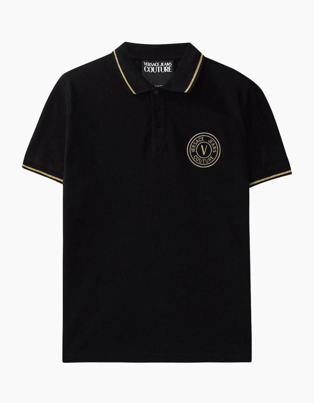 Versace Men's Cotton Embroidered V-Emblem Logo Black/Gold Polo Shirt - Size: 38