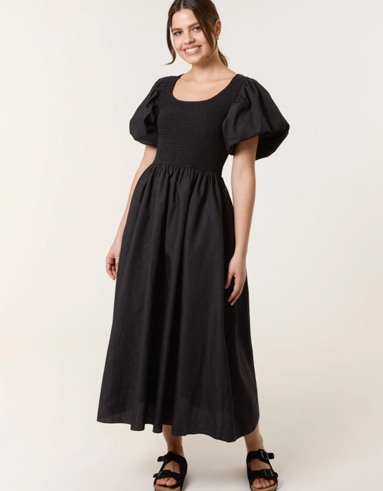 Black Puff Sleeve Mix Fabric Midi Dress