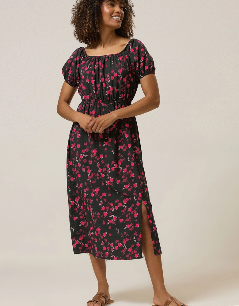 Rose Print Bardot Split Hem Midi Dress
