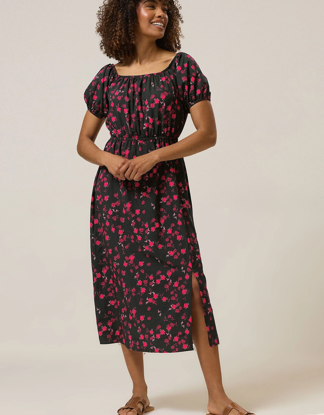Rose Print Bardot Split Hem Midi Dress, 2 of 1