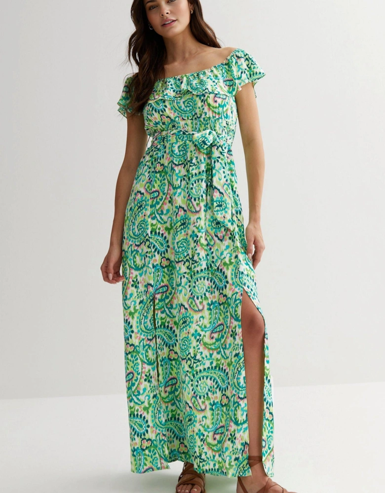 Paisley Print Tie Waist Bardot Dress