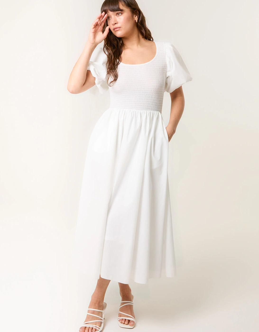 Ivory Puff Sleeve Mix Fabric Midi Dress, 2 of 1