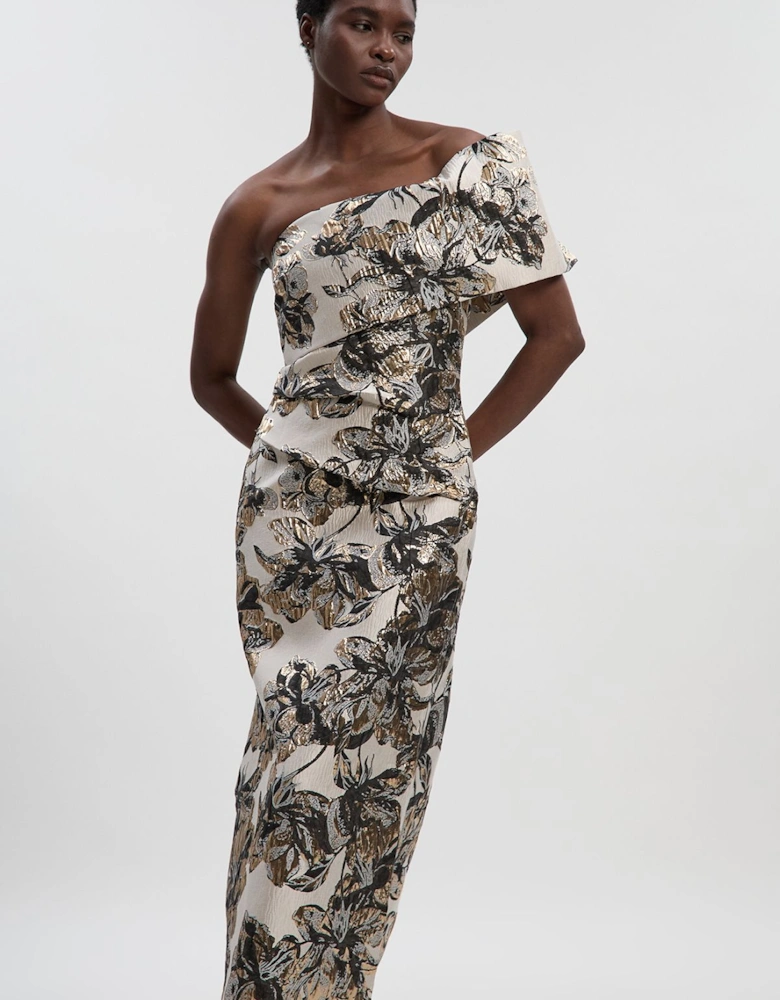 Floral Jacquard Asymmetric Neck Pencil Dress