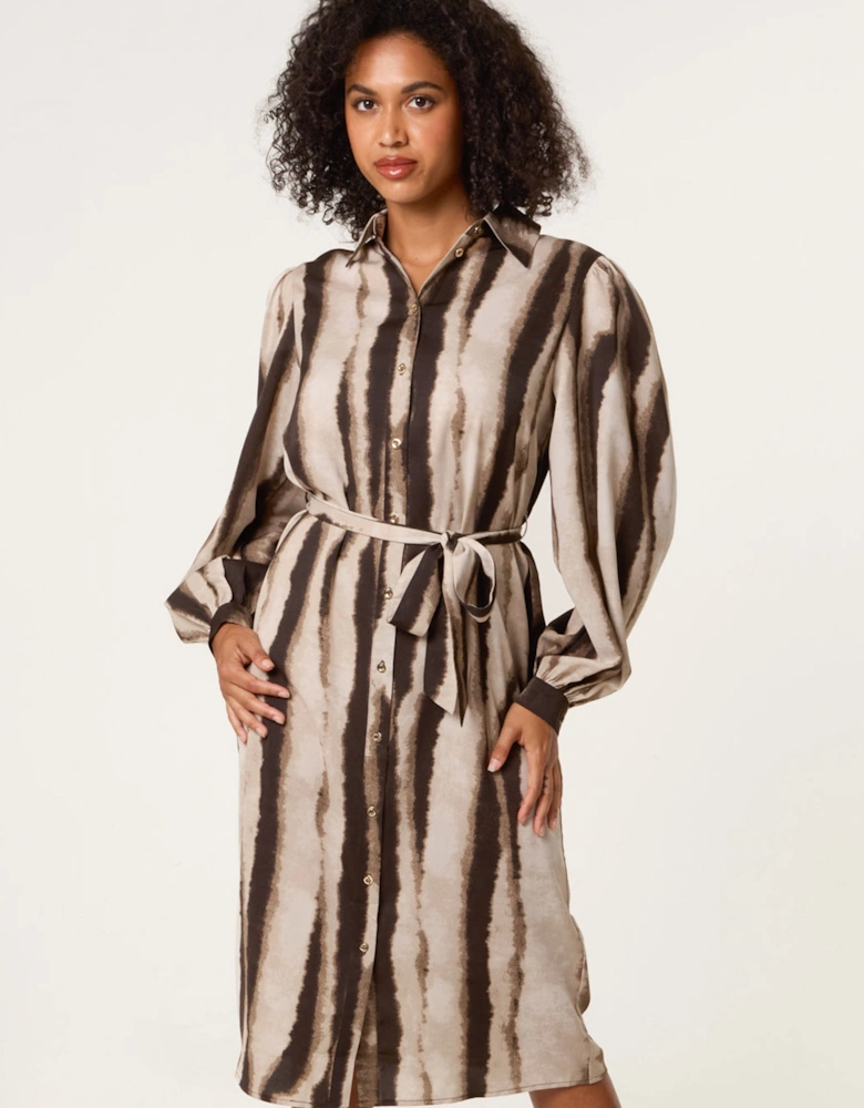 Light Brown Printed Puff Sleeve Button Through Midi Dress