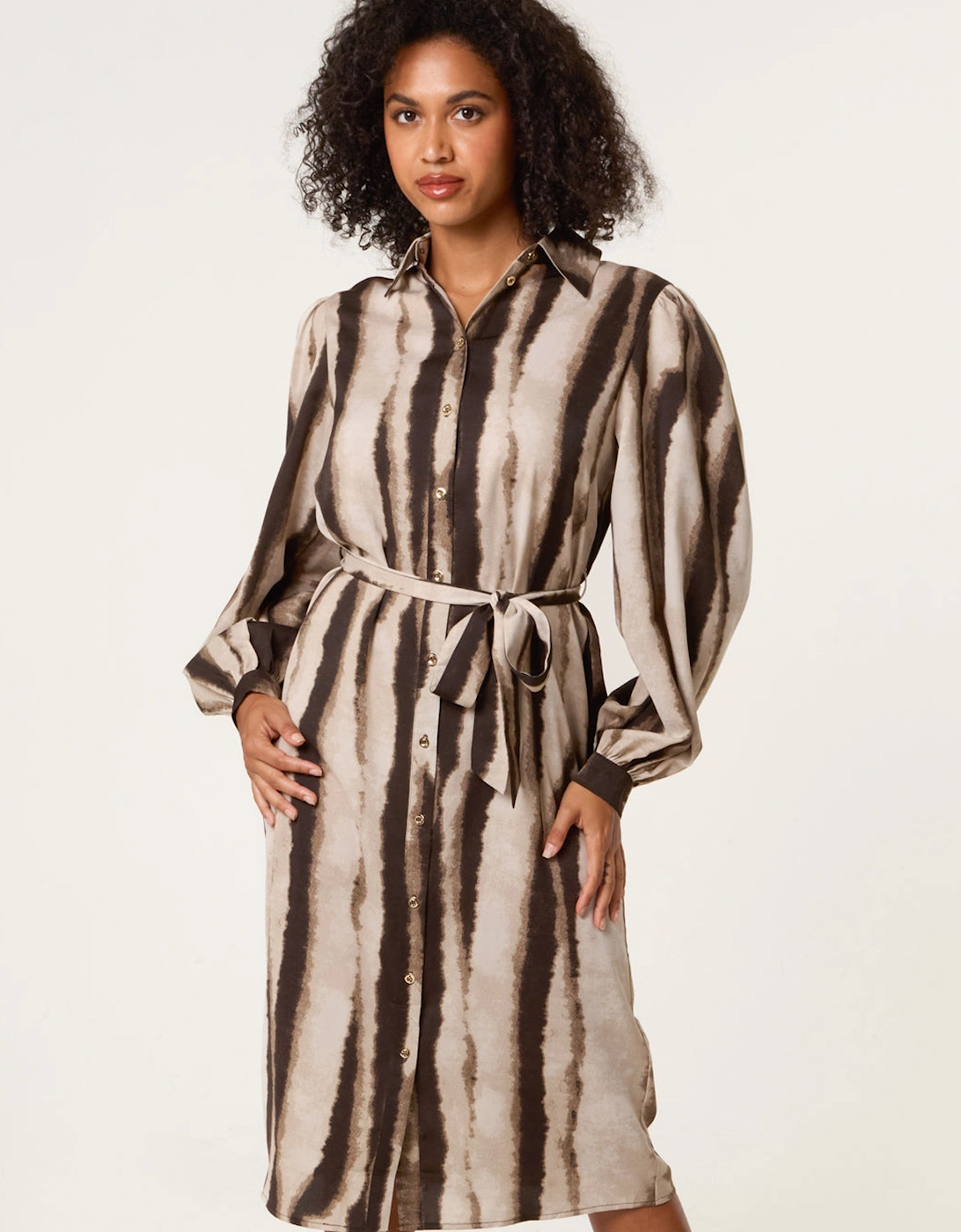 Light Brown Printed Puff Sleeve Button Through Midi Dress, 2 of 1
