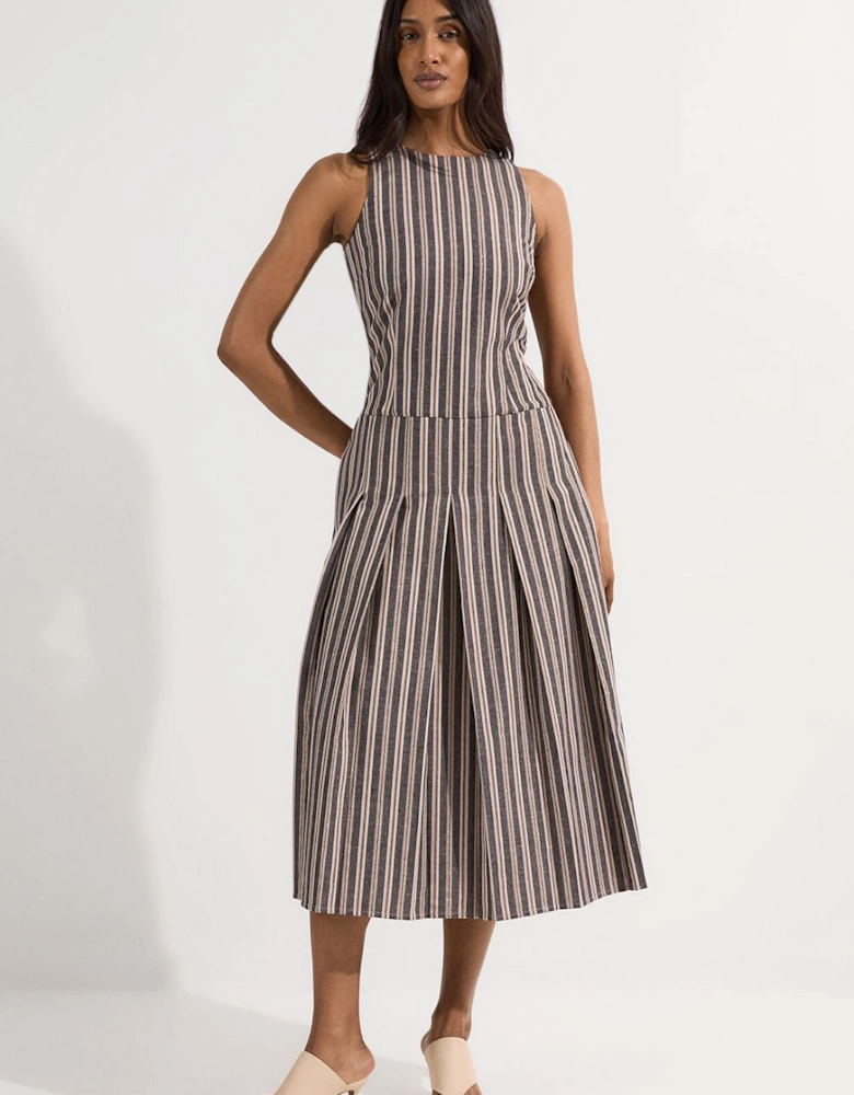 Tailored Stripe Linen  Sleeveless Full Skirt Midi Dress