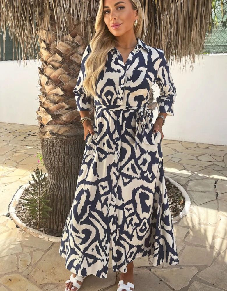 Navy And Cream Abstract Print 3/4 Sleeve Tie Waist Shirt Midi Dress