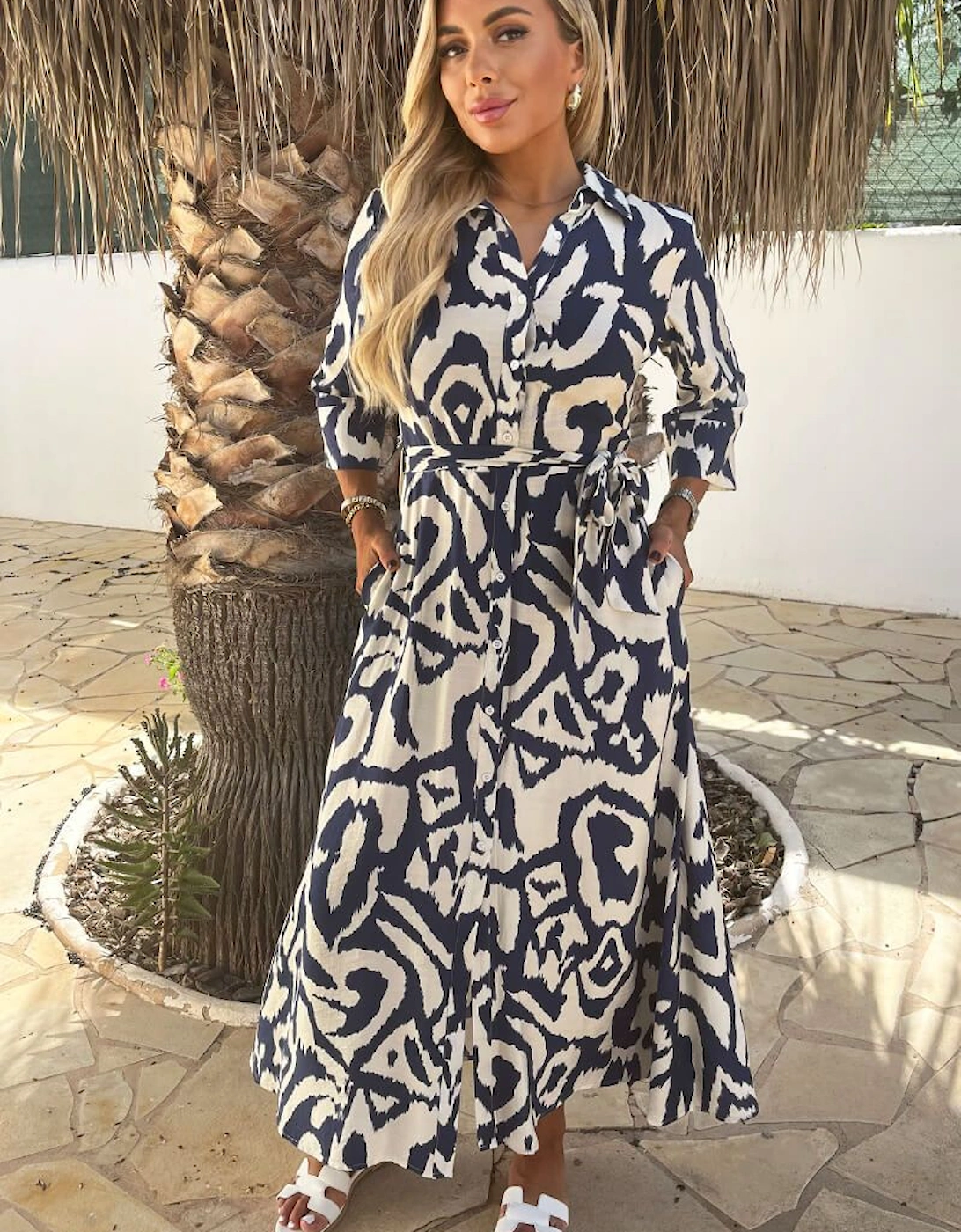 Navy And Cream Abstract Print 3/4 Sleeve Tie Waist Shirt Midi Dress, 2 of 1