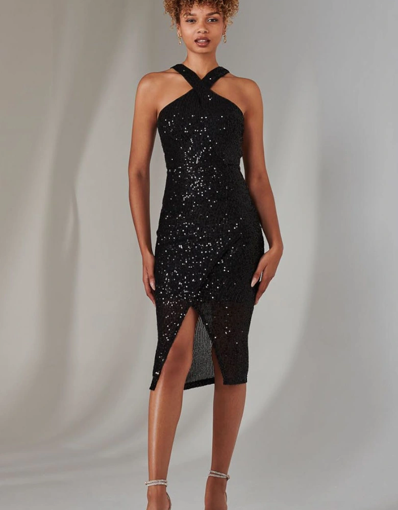 Cross Neck Slit Bodycon Dress