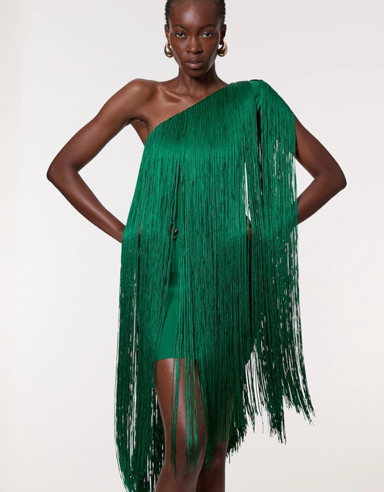 Tall Figure Form Bandage One Shoulder Fringe Mini Knit Dress