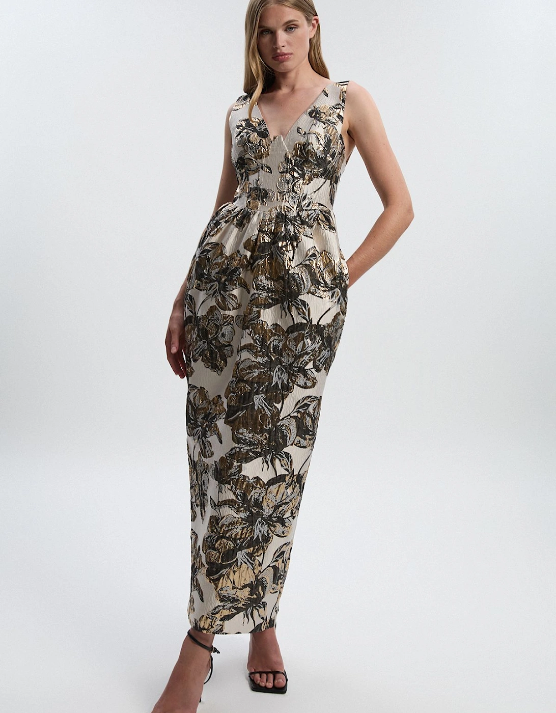 Floral Jacquard Plunge Corset Pencil Midi Dress, 2 of 1