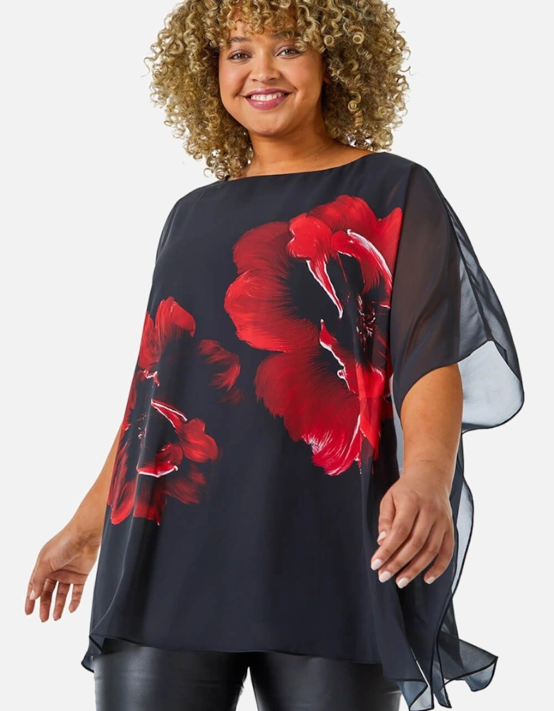 Curve Floral Chiffon Overlay Top