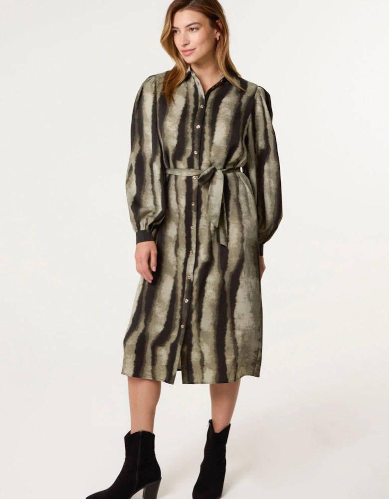 Khaki Printed Puff Sleeve Button Through Midi Dress
