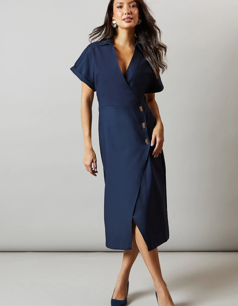 Navy Button Detail Wrap Dress