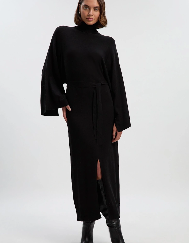 Viscose Blend Funnel Neck Belted Knitted Midi Dress