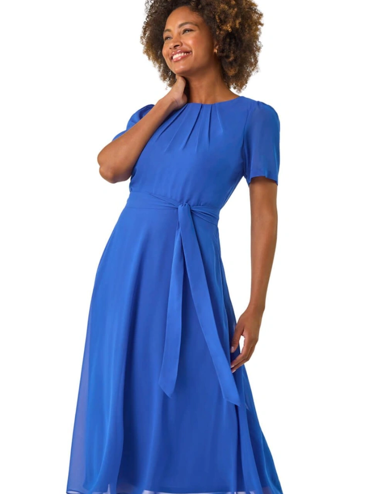 Pleat Chiffon Belted Midi Dress