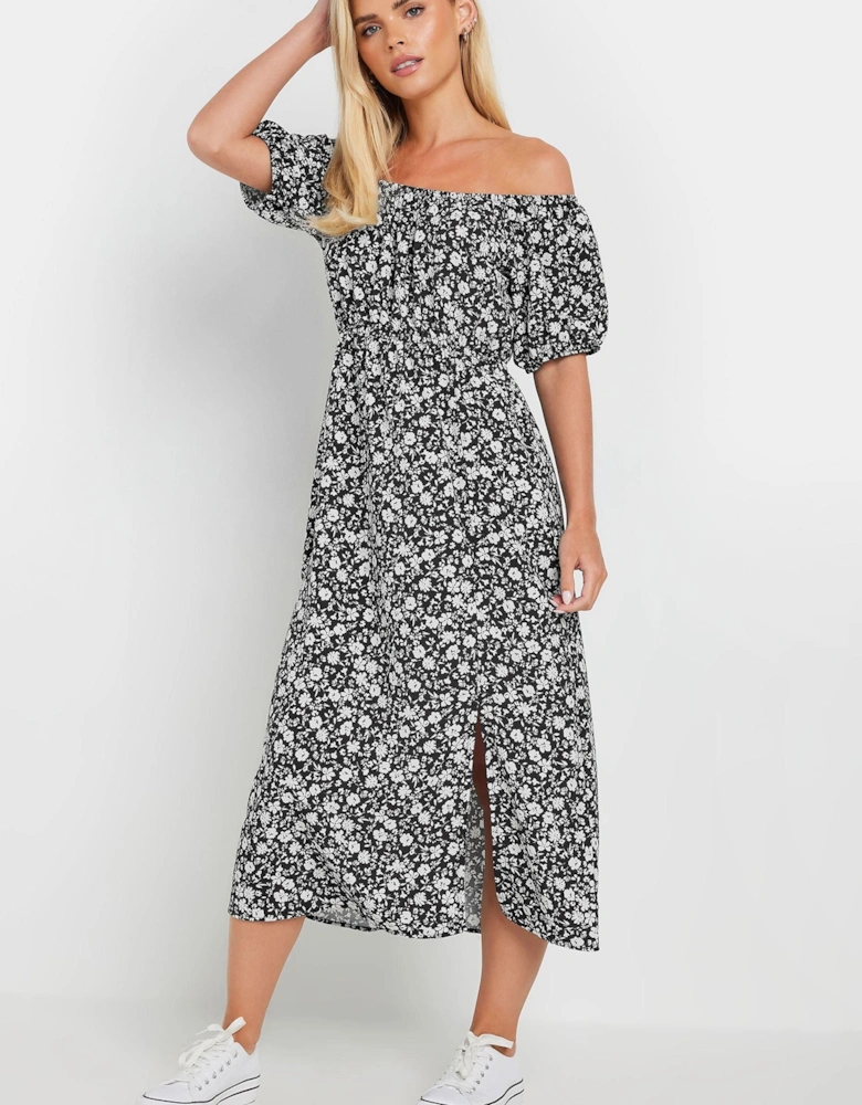 Petite Rose Print Bardot Split Hem Midi Dress