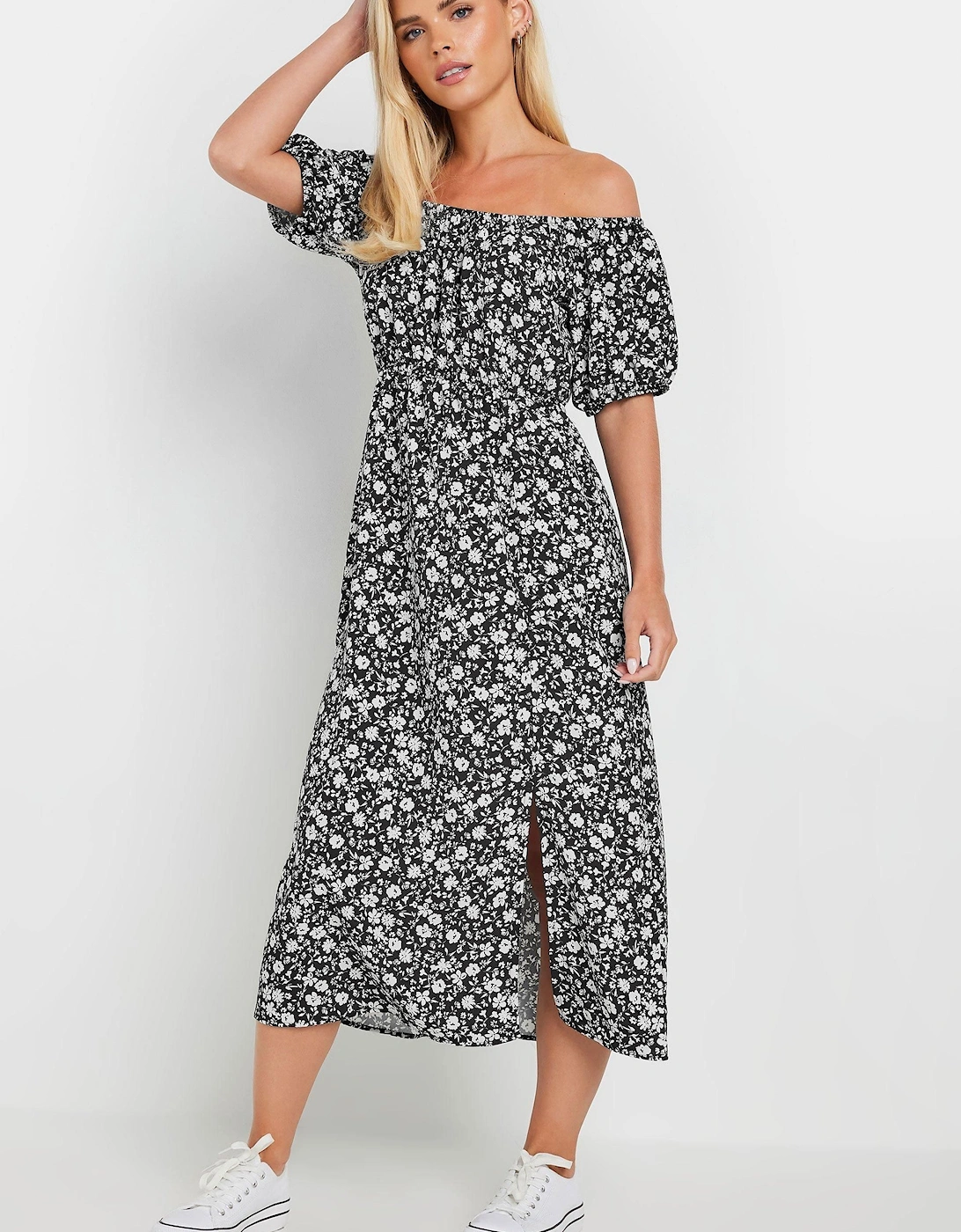 Petite Rose Print Bardot Split Hem Midi Dress, 2 of 1