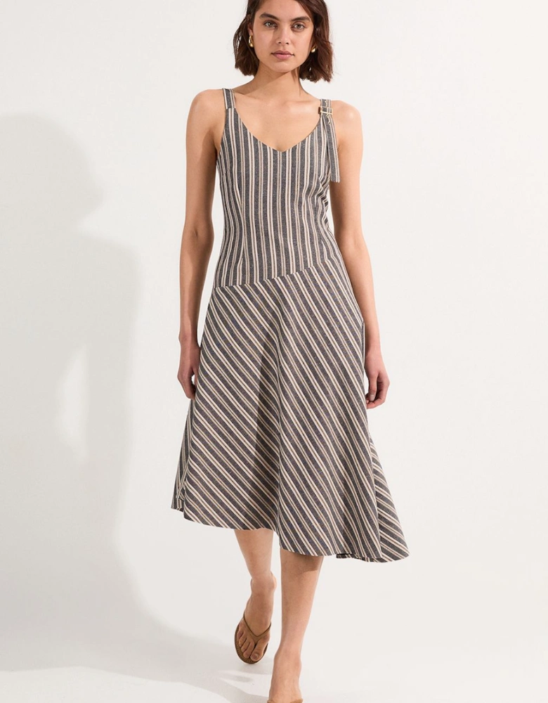 Tailored Stripe Linen  Strappy Asymmetric Hem Midi Dress