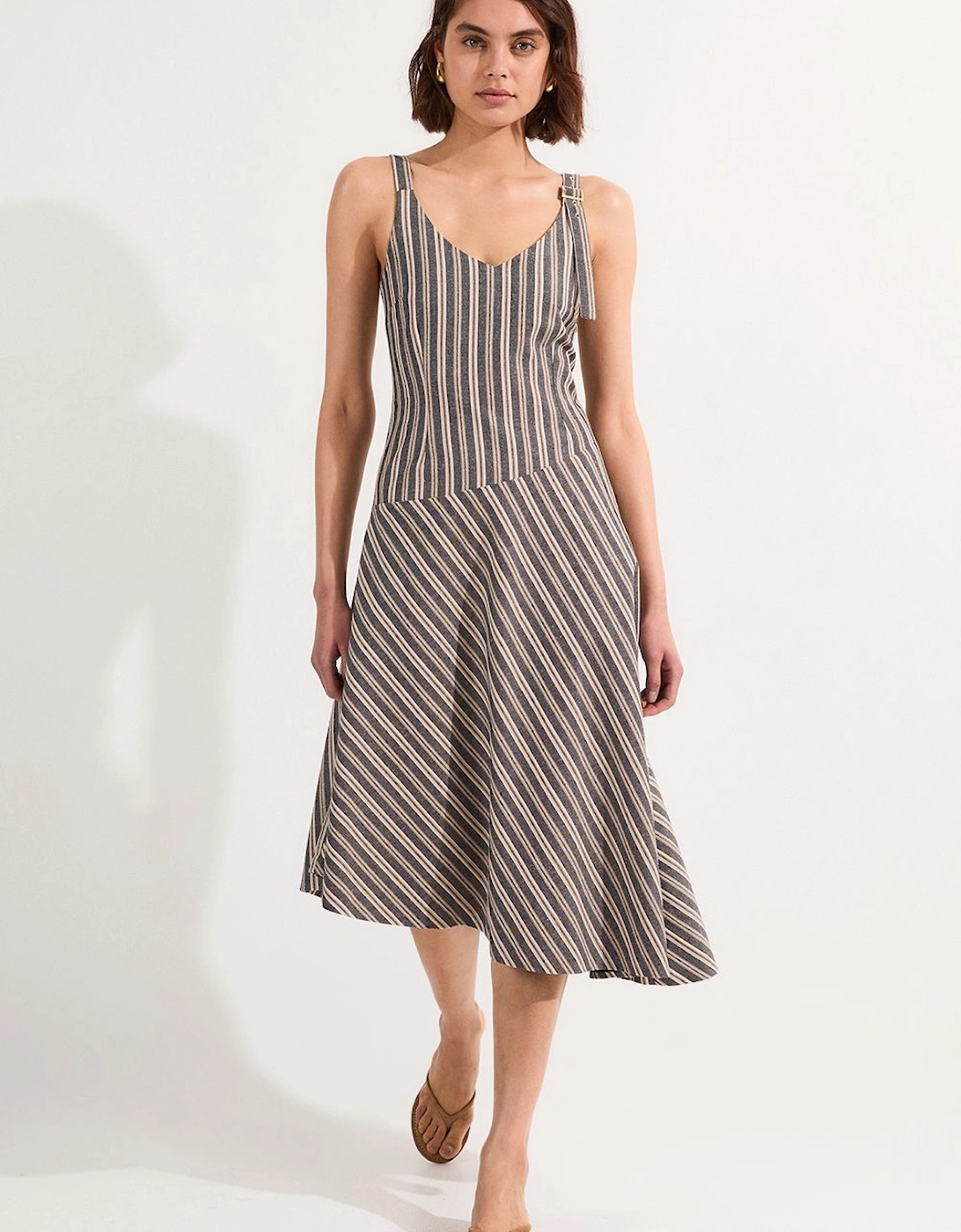 Tailored Stripe Linen  Strappy Asymmetric Hem Midi Dress, 2 of 1